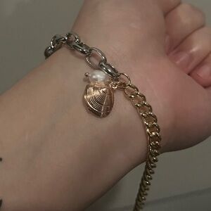 Pretty Bird Seashell Gold and Silver Bracelet with Pearl Charm